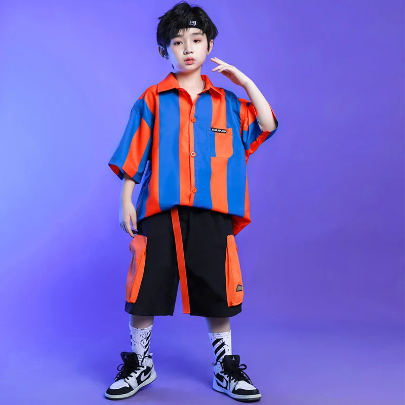 Conjunto de baile de Hip Hop de manga corta a rayas para niños, trajes de espectáculo escénico para niños, ropa de espectáculo de equipo contrastante con costuras para niñas