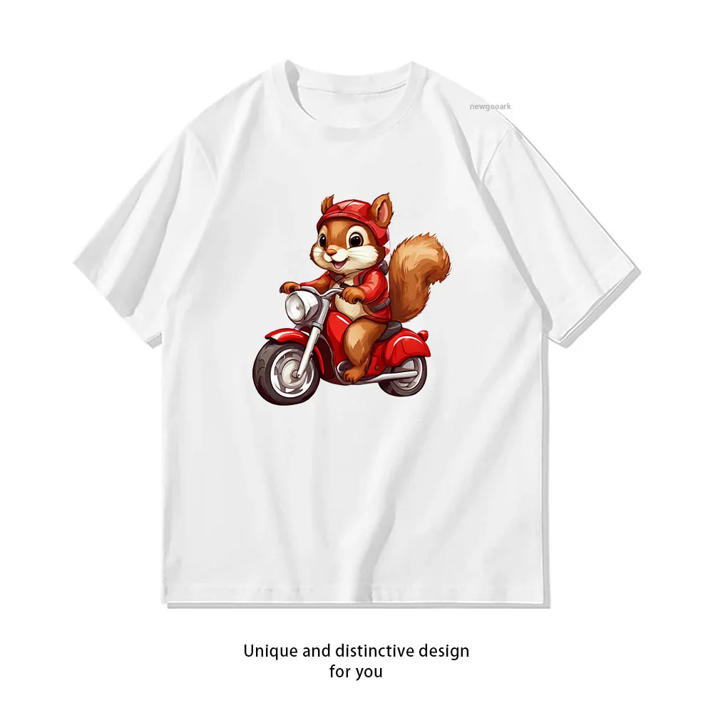 T-shirt imprimé en coton pour homme et femme, motif écureuil mignon monté sur un scooter, décontracté, respirant, pour l'extérieur, à manches courtes
