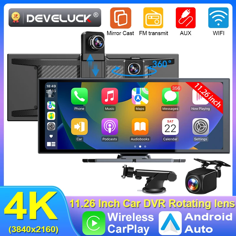 11.26 inch Dash Cam Car DVR 4K Camera Wireless Carplay Android Auto Touch Screen Dual Len Video Recorder Dashboard BT FM AUX GPS