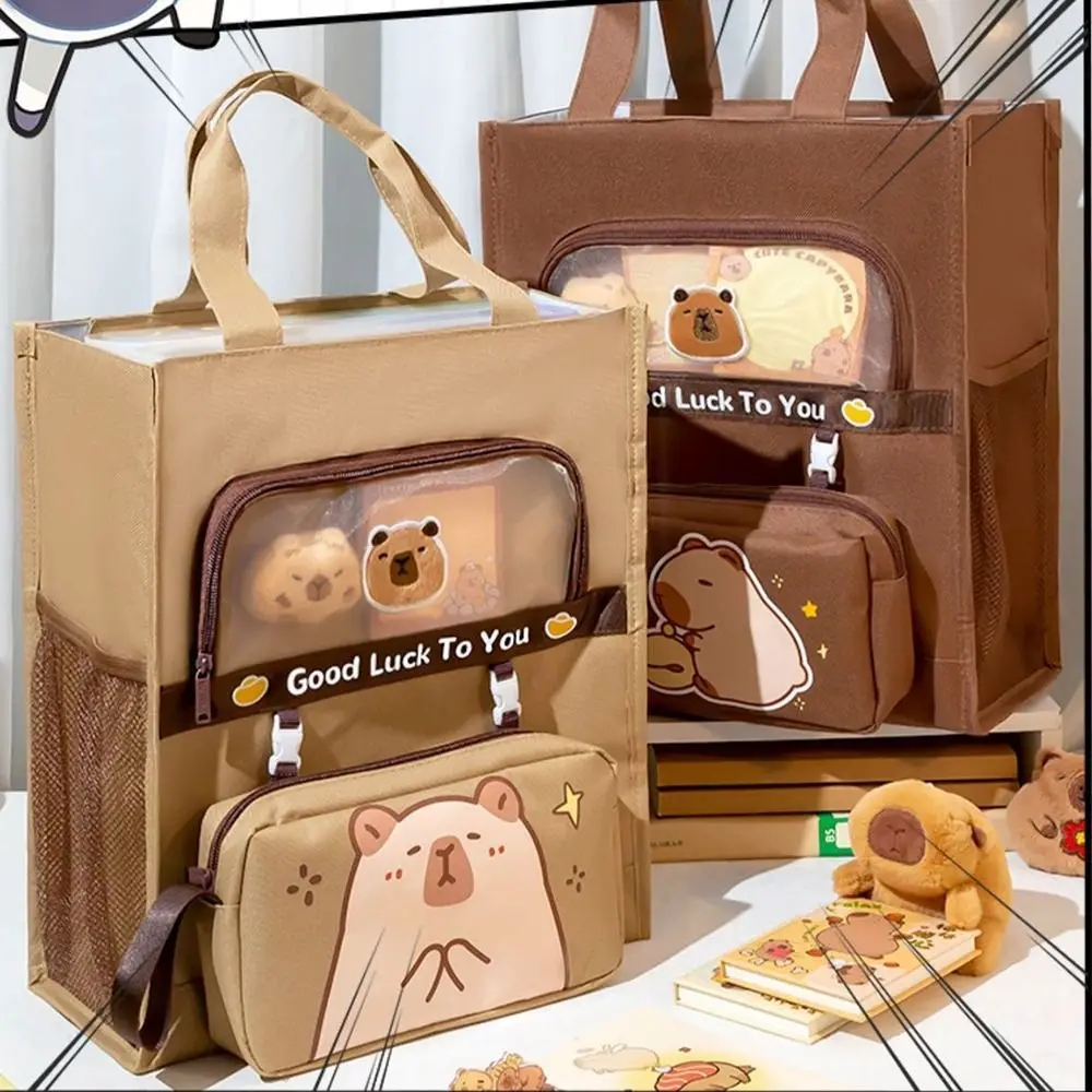 Six-Layer Tote School Bag Large-capacity Waterproof Students Tutorial Bag Portable Capybara/Panda File Bag Learning Supplies