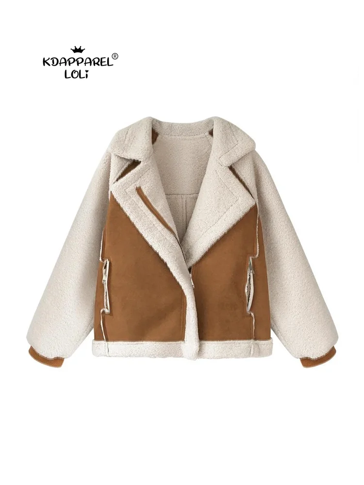 

Women Winter Oversized Teddy Jacket Chic Faux Suede Fur Collar Coats Aviator Motorcycle Biker Jackets Female Lamb Wool Coat New