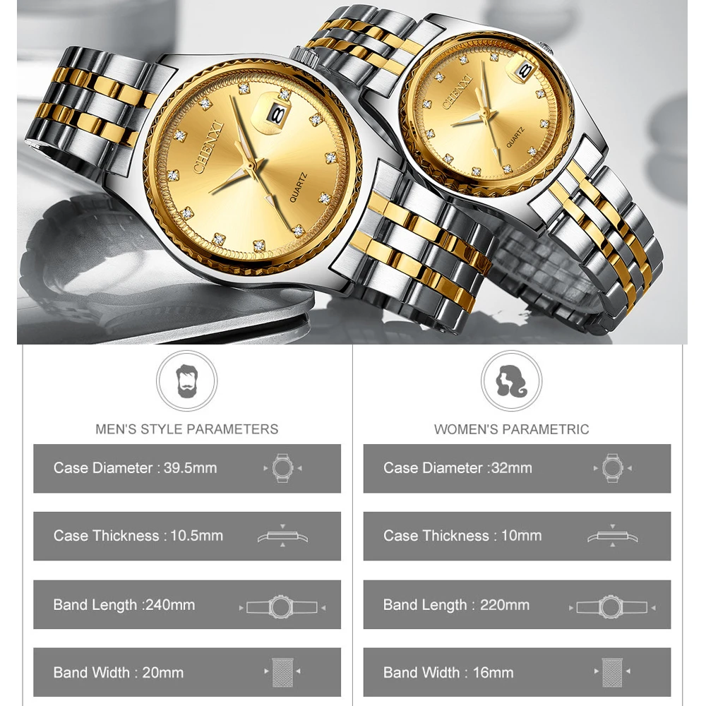 Fashion Chenxi Top Brand Men Women Watches Rhinestone Dial Luxury Couples Quartz Watch Full Stainless Steel Waterproof Calendar