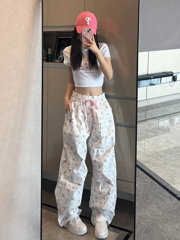 Białe spodnie z szerokimi nogawkami damskie letnie cienkie luźne proste spodnie w stylu casual mały rozmiar odzież robocza spodnie sportowe spodnie z wysokim stanem długie spodnie