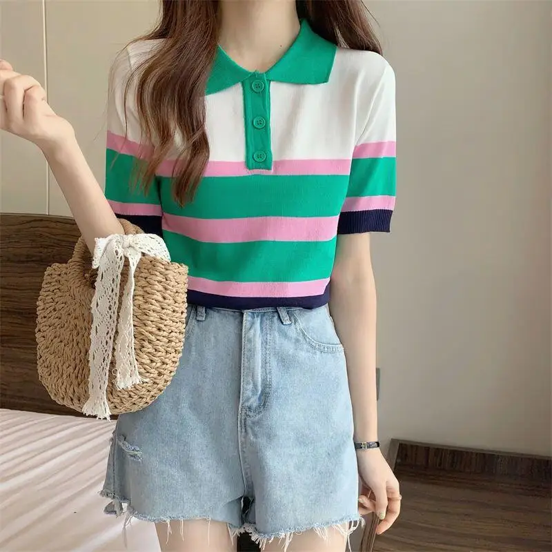 Letnia Nowa Damska Koszulka w Paski z Dzianiny, Krótki Rękaw, Casualowy Krój Slim Fit, Poliester, Modna, Przeciwstarzeniowa