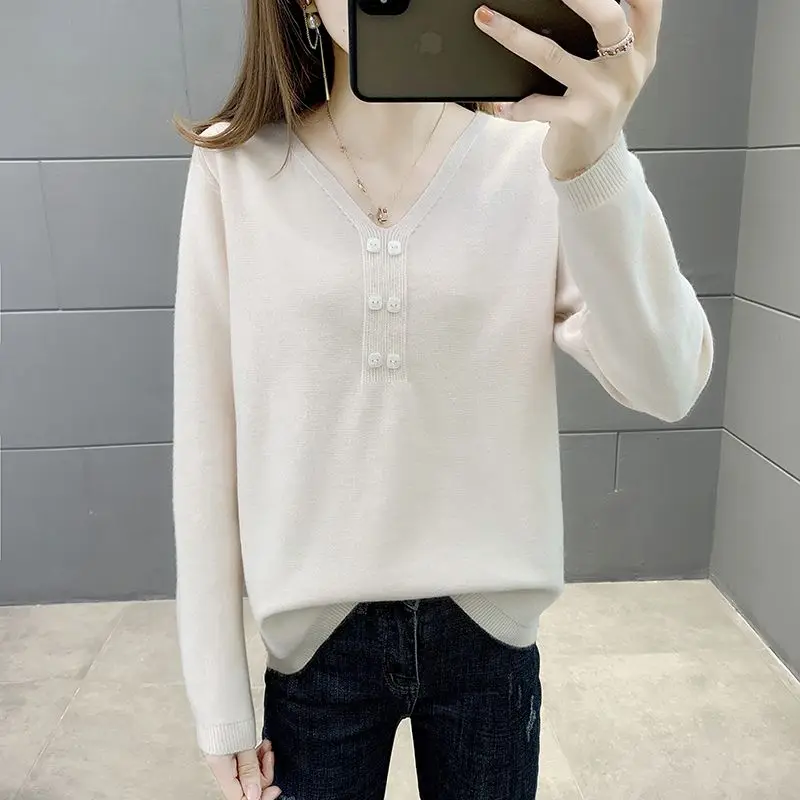 Women\'s Clothing Office Lady Solid Color Pullover V-Neck Button Long Sleeve Sweater Knitted Casual Screw Thread Elegant Tops