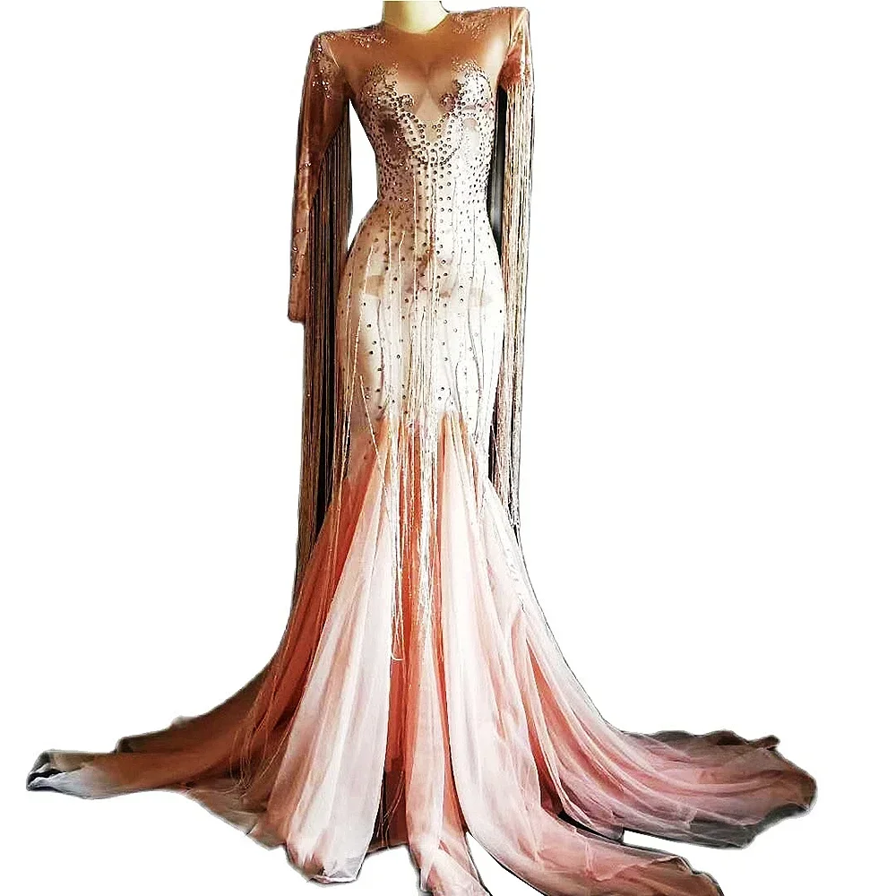 Sparkly Fringes Pink Women Long Dresses Shining Rhinestones Mermaid Tailing Dressy DJ Singer Dance Stage Wear One-Piece Costumes