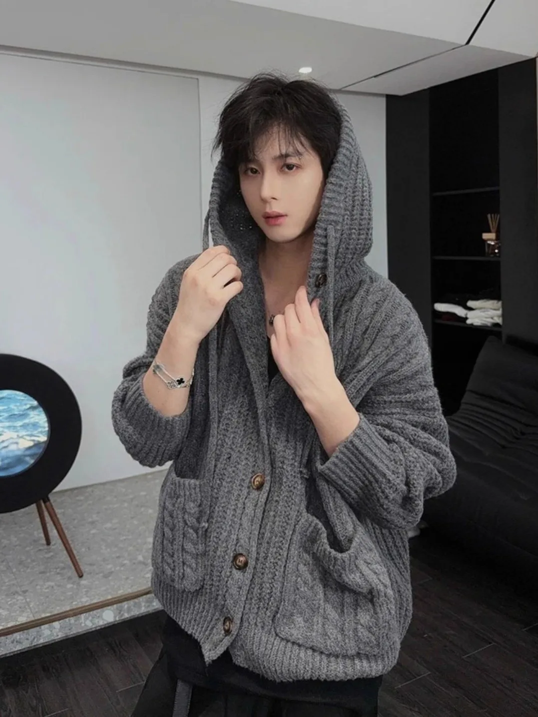 

Вязаный свитер с капюшоном в стиле ретро American Lazy Sle Long Sve, пальто свободного трикотажа, верхняя одежда для мужчин и женщин