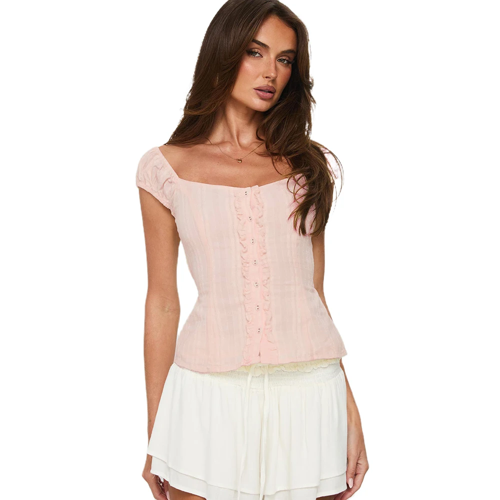 

Женские топы на пуговицах, модные однотонные облегающие футболки с короткими рукавами и оборками, летние блузки