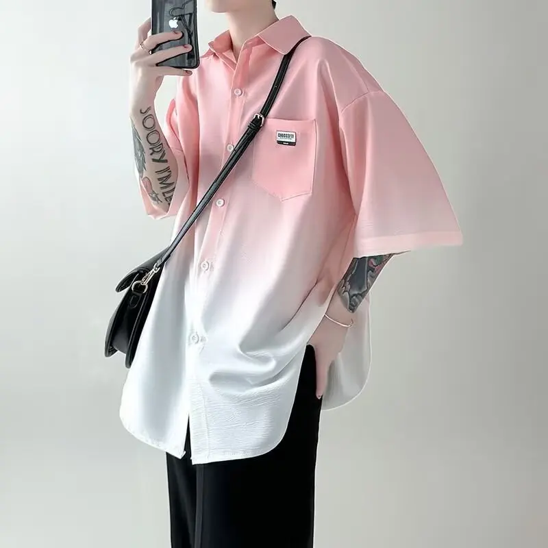 

Летняя мужская повседневная модная рубашка-куртка большого размера из ледяного шелка с коротким рукавом, в стиле High Street