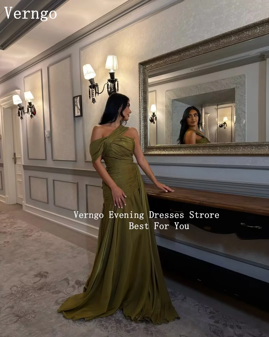 Verngo groene glanzende satijnen avondjurk één schouder zeemeermin formele gelegenheidsjurk elegante galajurken op maat