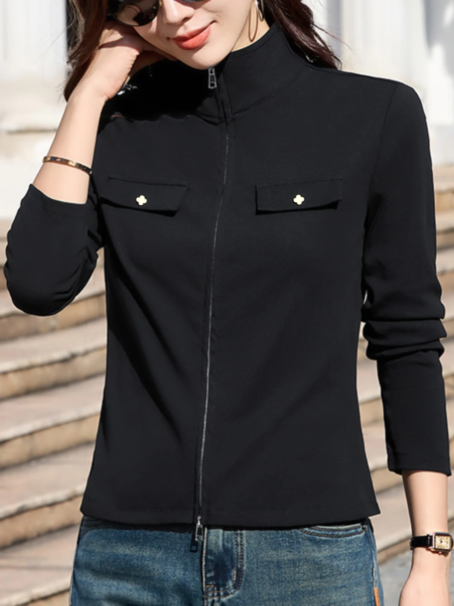 

Half turtleneck zipper long-sleeved T-shirt for women 2025 autumn new beaded stitching inner bottoming shirt black top trendy