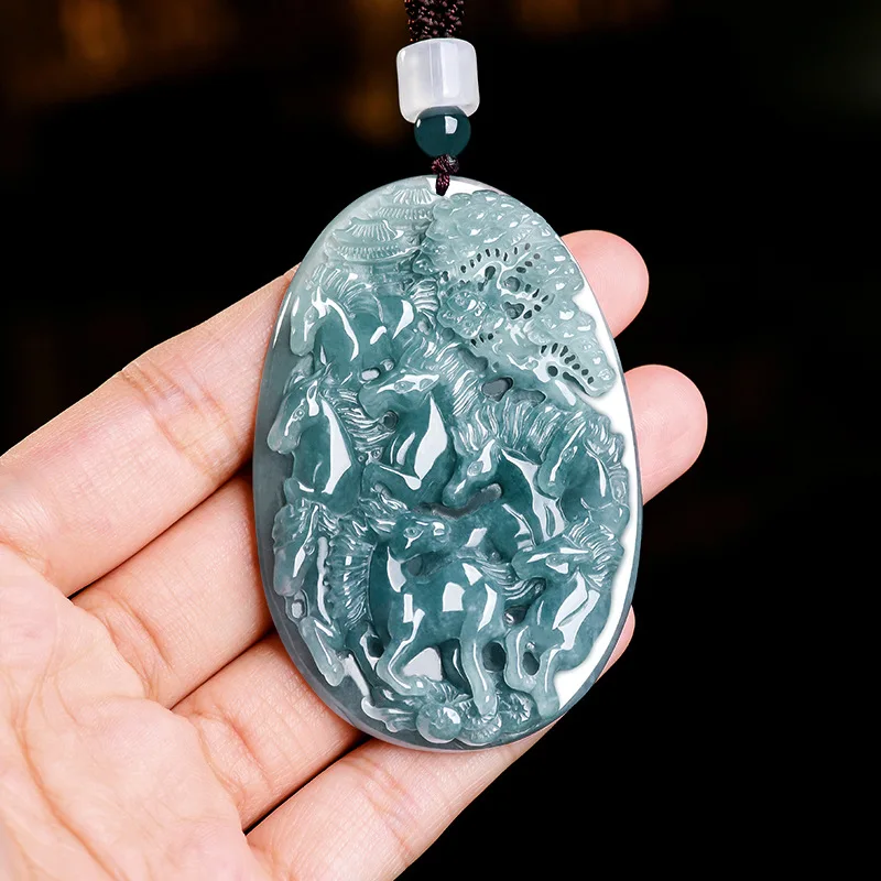 Natural Burmese Jadeite Horse Pendant Necklace Vintage Real Jade Designer Luxury Carved Amulet Charm Gifts for Women