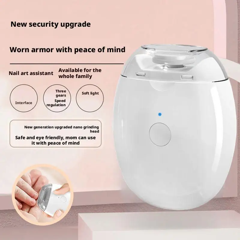 White Electric Nail File Rotating Head 3 Speed Settings LED Light USB Rechargeable Quiet Motor for Baby Adult Senior Travel Use