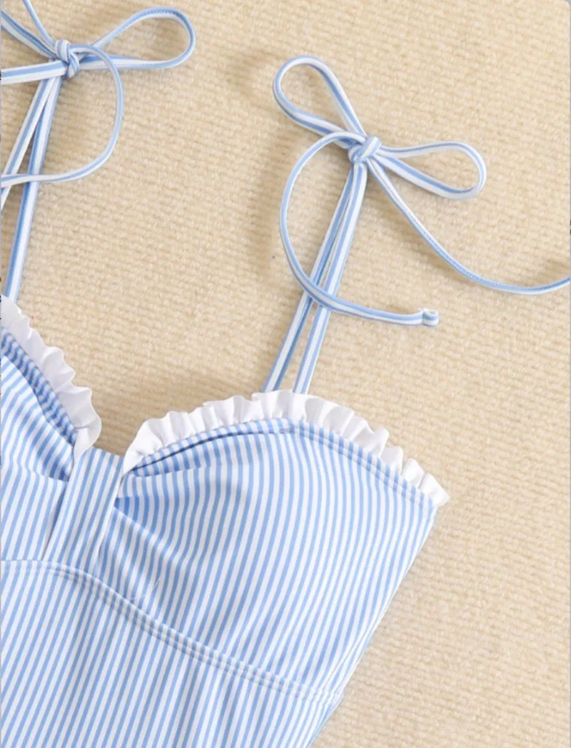 セクシーな青白のストライプ水着ワンピース白いレースネクタイボウビキニ水着ボディスーツ女性ビキニ水着タンキニ