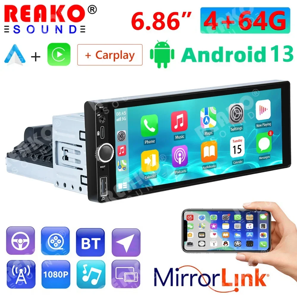 REAKOSOUND 6.9 inch Android 13 Car Stereo 4G+64G Universal Video Player 1Din Wireless Carplay Auto GPS Navigation NO 2din DVD