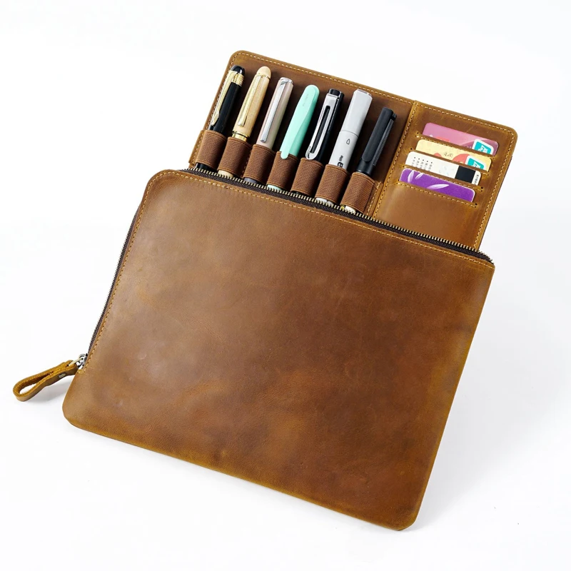 Fromthenon Cowhide Zipper Pen Bag Vintage Multiple Pen Case Large Capacity Removable Writing Case Stationery Storage Bag