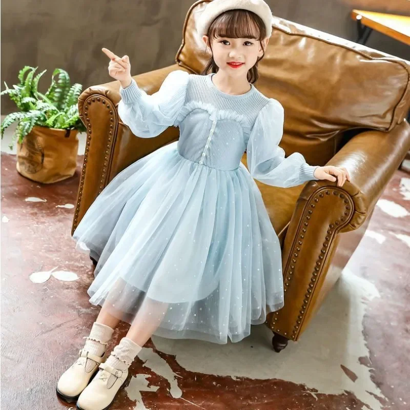 2025 New Girls Autumn Winter Cinderella Style Princess Dress Thick Knit Lace Skirt for Kids Little Girls Winter Party Wear 2