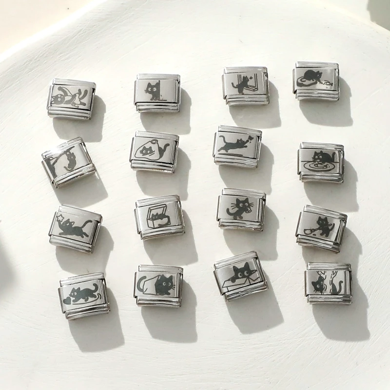 روابط سحر إيطالية محفورة بالليزر على شكل قطط سوداء تلعب تناسب سوار من الفولاذ المقاوم للصدأ بعرض 9 ملم للرجال والنساء هدايا يدوية الصنع - 2