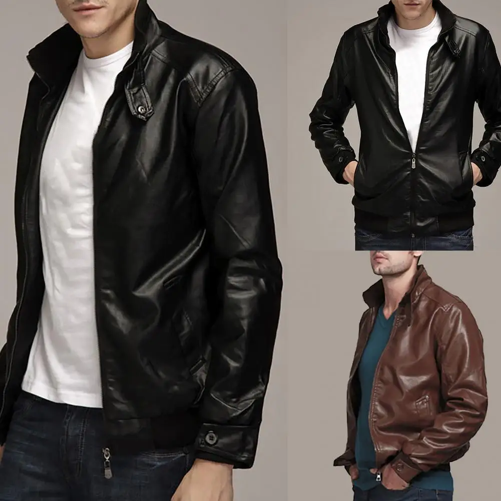 Men Jacket Stylish Faux Leather Jacket Coat Comfortable Motorcycle Jacket  Stand Collar Motorcycle Jacket for Party