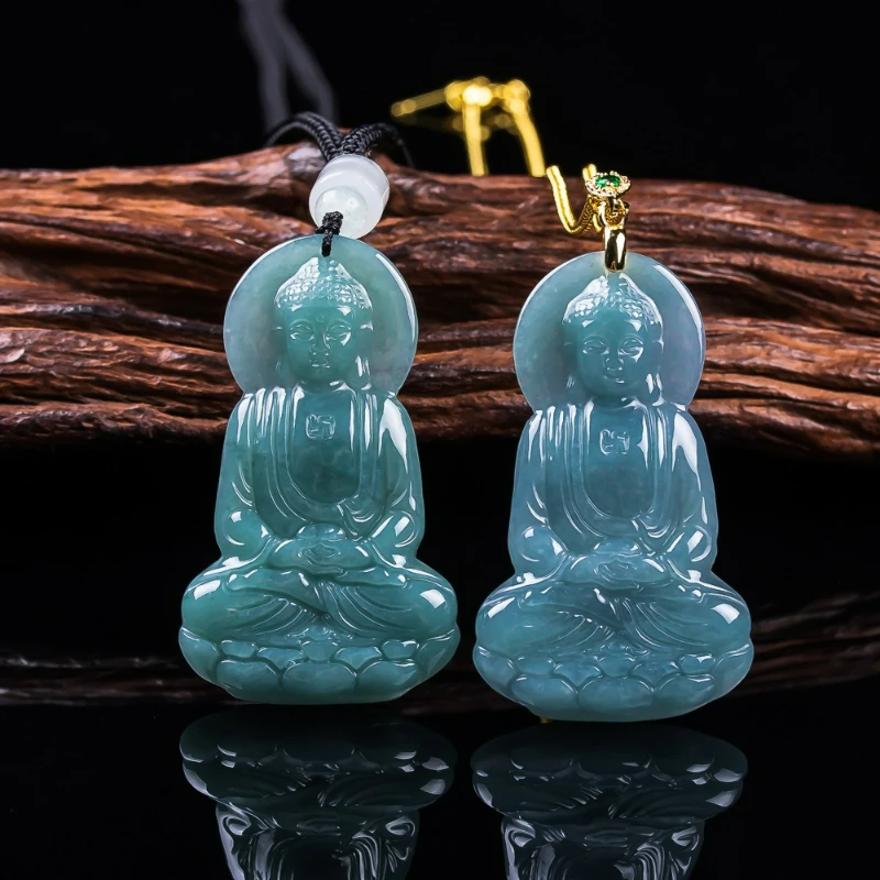 

Natural Grade A Jadeite Carved Blue Water Buddha Pendant Ice Real Stone Fashion Design Charming Women's Necklace Gift Amulet