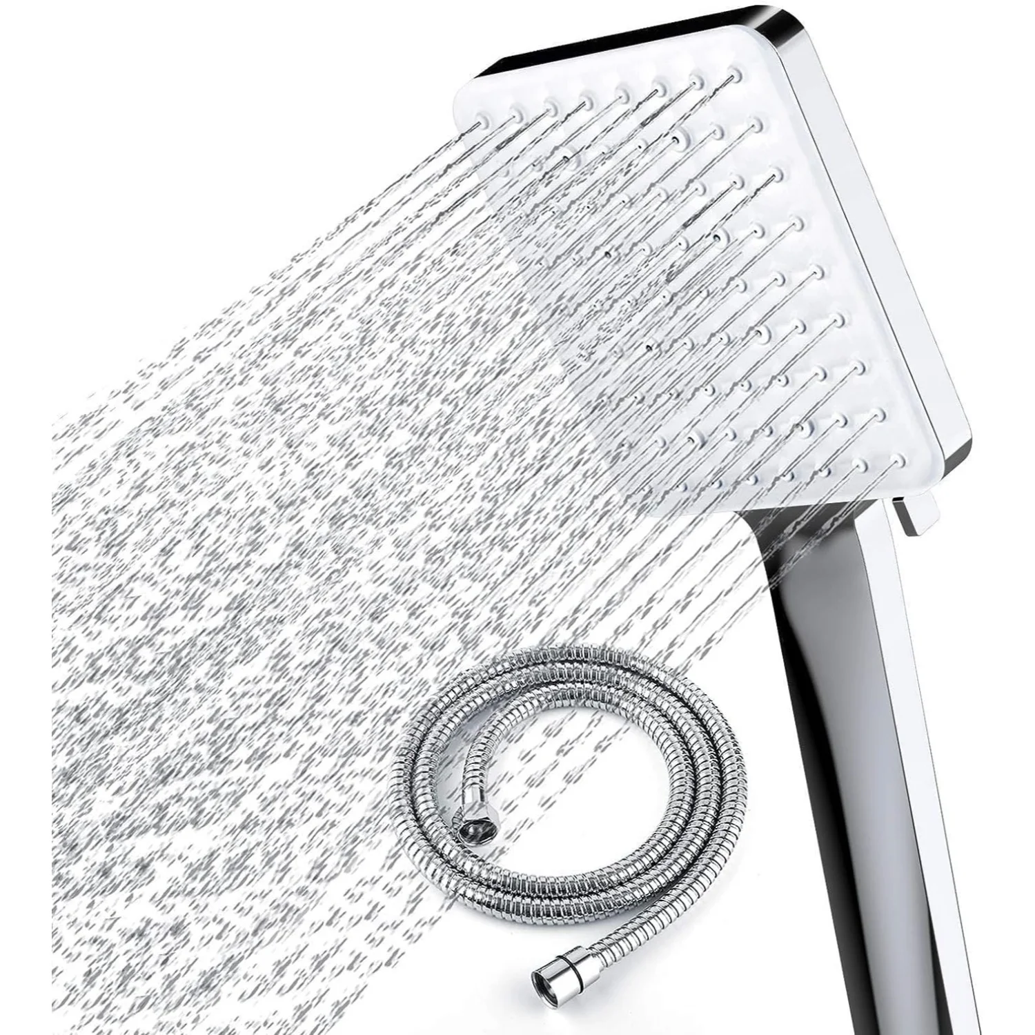 

Handheld 6-Setting High Pressure Square Shower Head, Chrome Finish, Detachable, with Stainless Steel Hose & Multi-Angle Stand