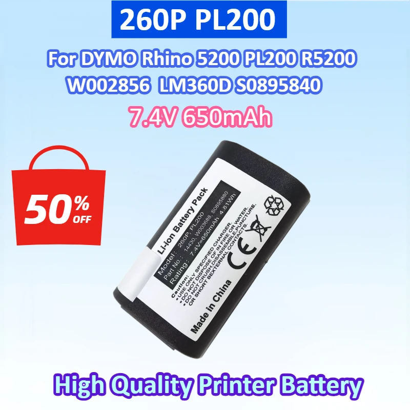 New PL200 7.4V 650mAh Printer Battery For DYMO Rhino 5200 S0895840 W002856 PL200 R5200 LM360D LM420PRhino LM 360D 420P 5200 4200