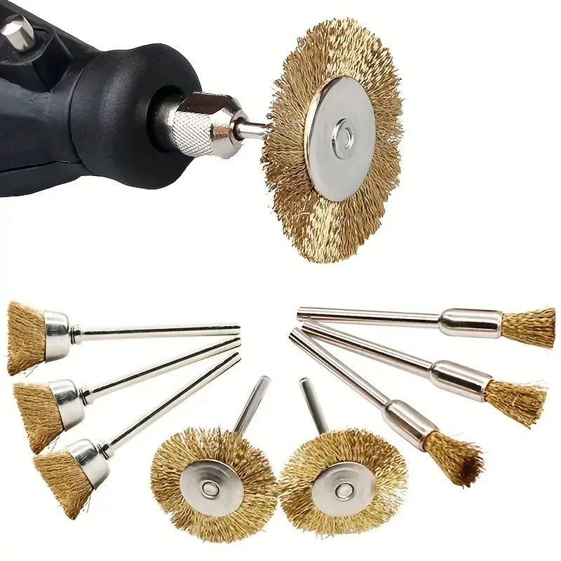 9pcs Steel Wire Brass Brush Rotary Tool Electric Dremel Drill Bit Polishing Grinding Wheel T-shaped Brush Accessories
