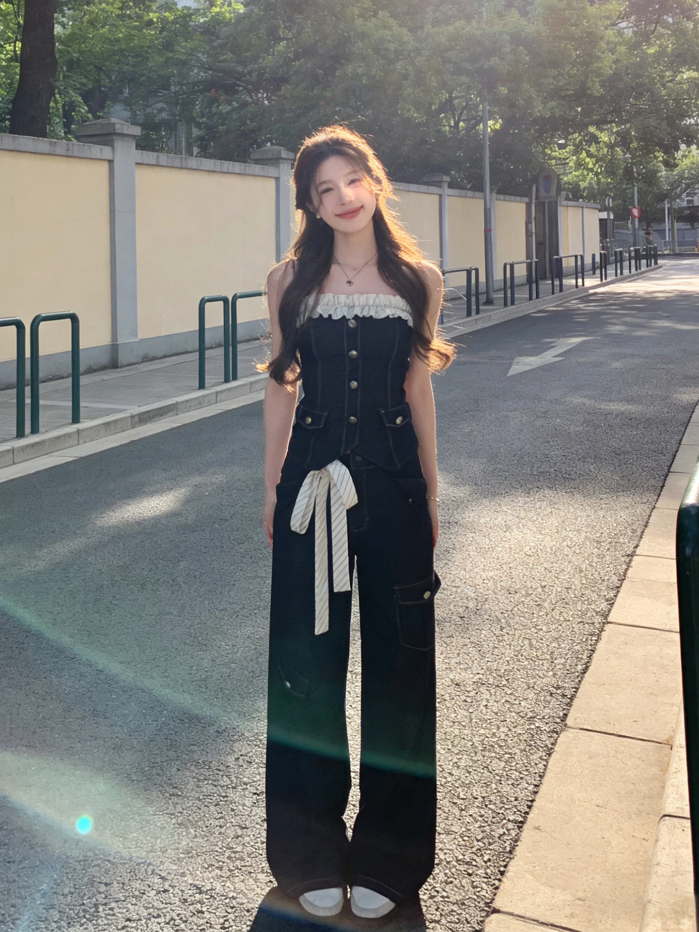 Slimming Wide Leg Pants Denim Set Pure Desire Style Lace Trim One Shoulder Top High Waist Jeans Summer Fashion Outfit for Women