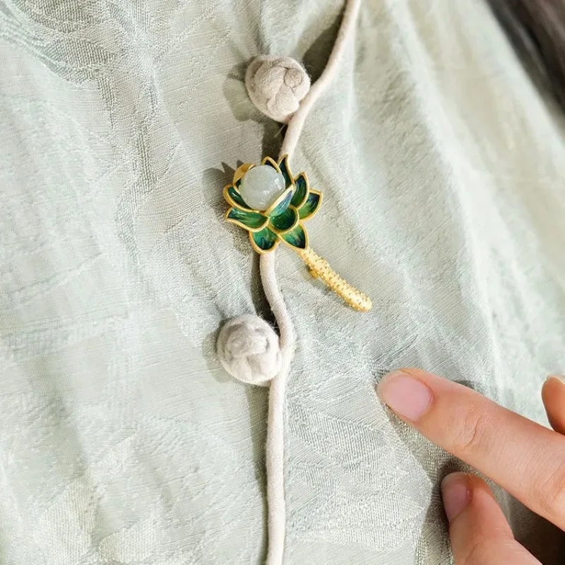 Vintage Art Green Enamel Lotus brooches for women High level Palace Style Natural Hotan Jade flower pin brooch Banquet Jewelry