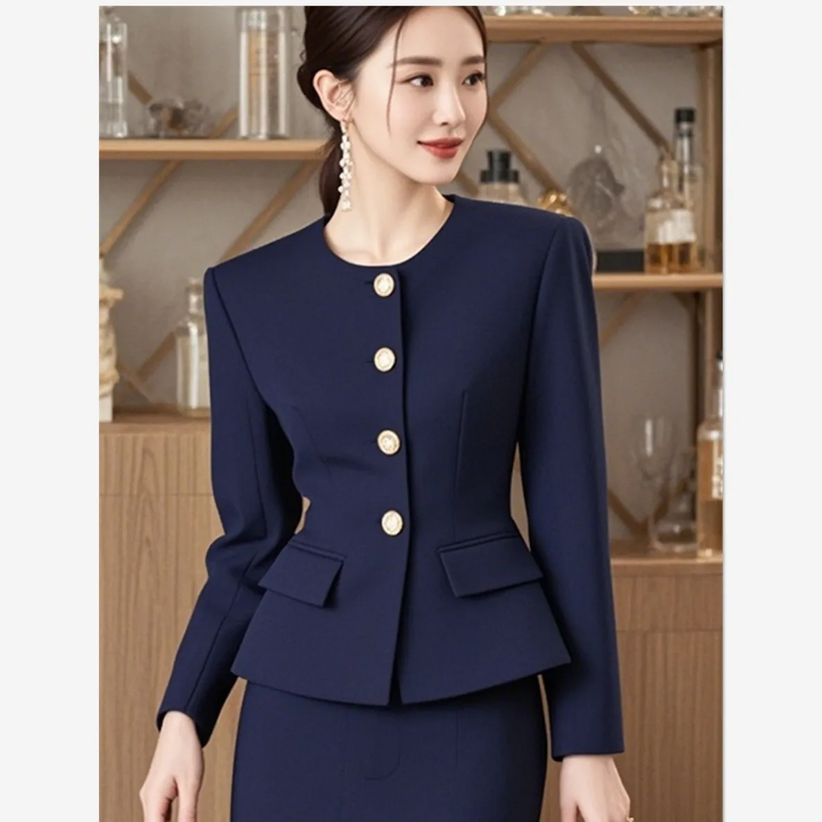 Autumn Elegant Women's Solid Color O-Neck Long Sleeves Single Breasted Office Lady Jacket + High Waist Midi Skirt 2 Pcs Set 740P