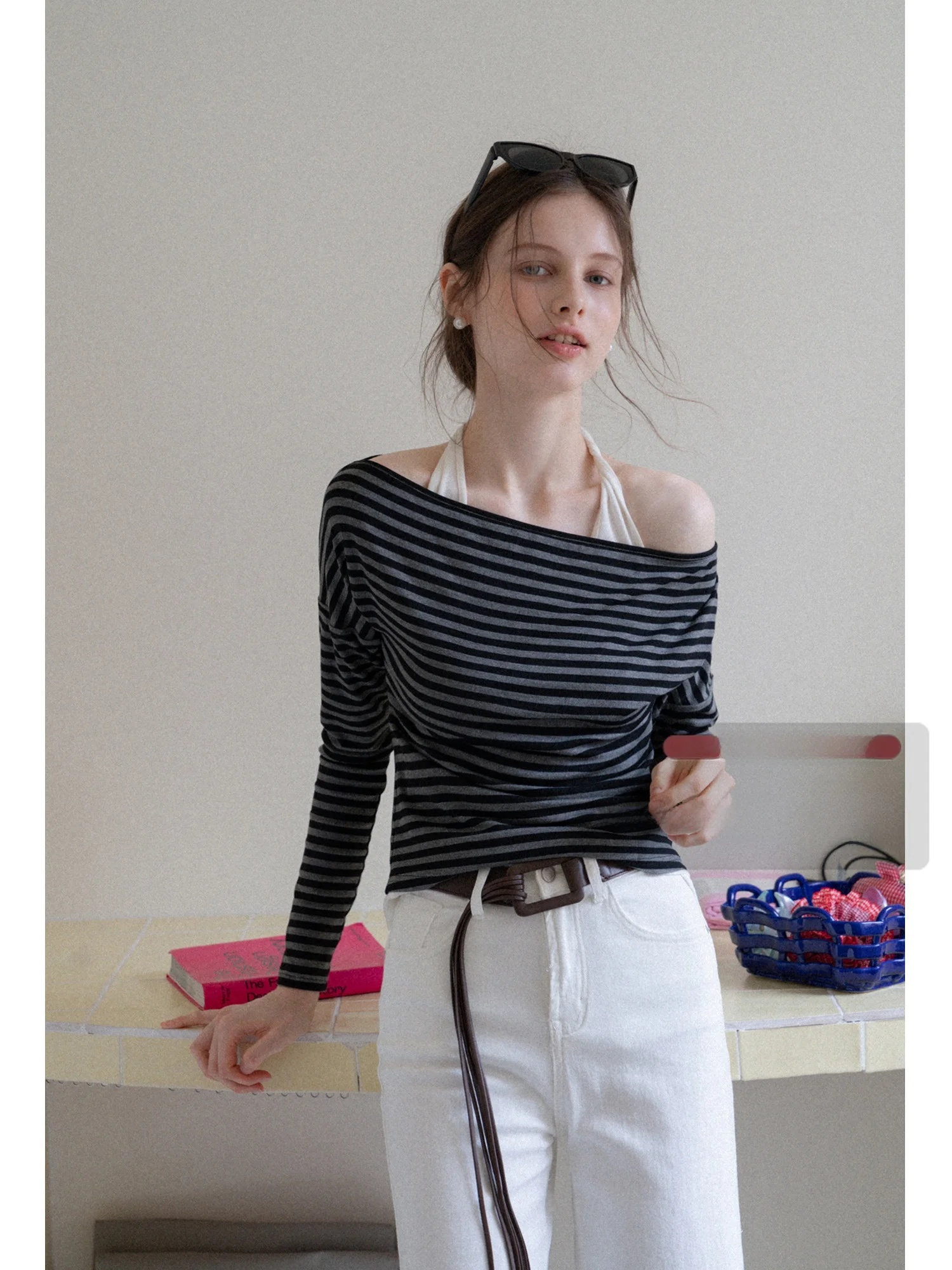 

Длинная футболка в полоску Eggka с одним плечом, необычный жилет, комплект из двух предметов, ранний осенний дизайн, утягивающий топ, женская мода