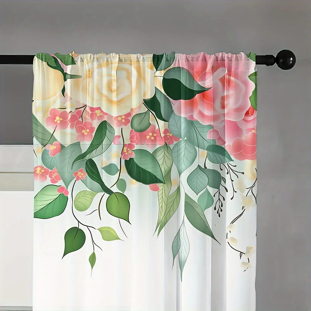 Imagem -05 - Flor Folhas Impresso Cortina Semi-sheer Luz Filtragem Cortinas Sala Quarto Cozinha Café Home Decor Pcs