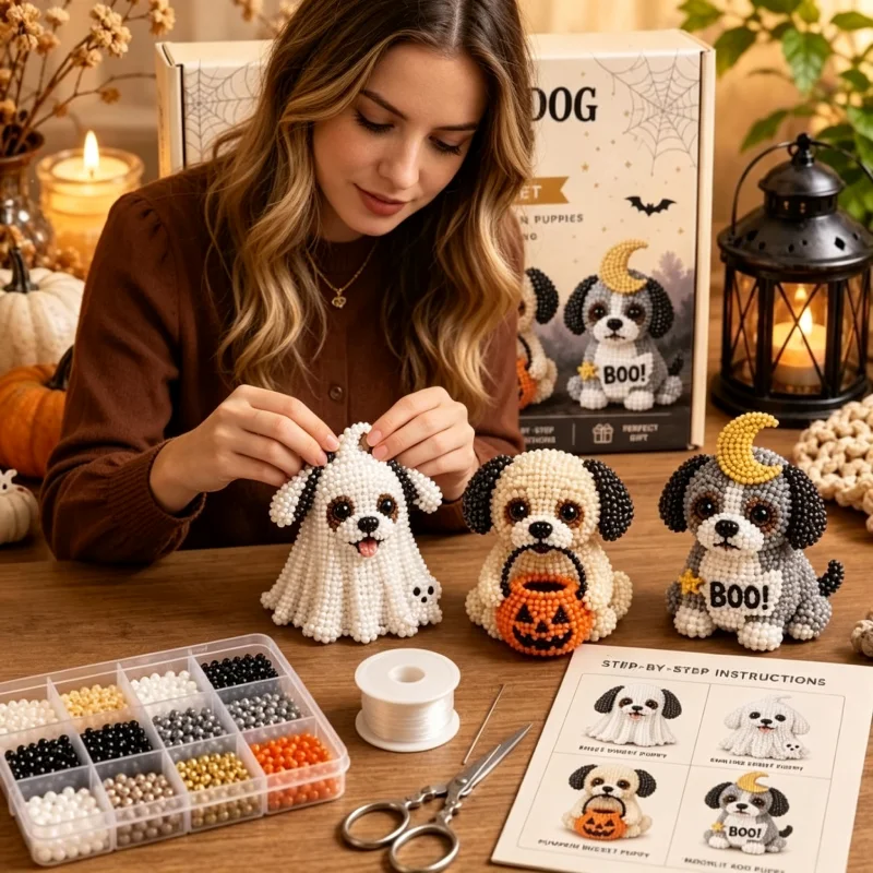 3D Beaded Dog DIY Kit 4Pcs/Set Halloween Ghost Puppy Set Beginner Handcraft Supplies for Home Table Holiday Decoration Gift