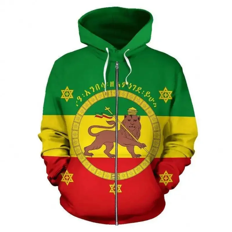 Ethiopia Lion Emblem Graphic Hoodies For Men Zip Up Hoodie Fashion Streetwear Ethiopia Zipper Sweatshirts Mens Hooded Pullovers