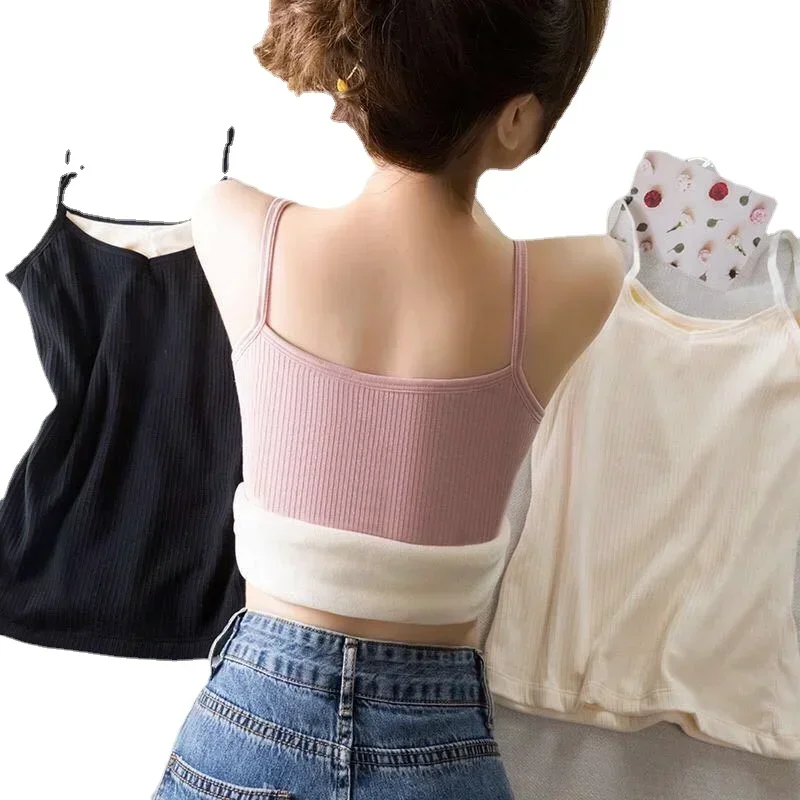 Women Winter Warm Underwear Solid Color Thermal Casual Nightwear Sexy Elasticity Female Thin Velvet T-shirt Sleeveless Tops