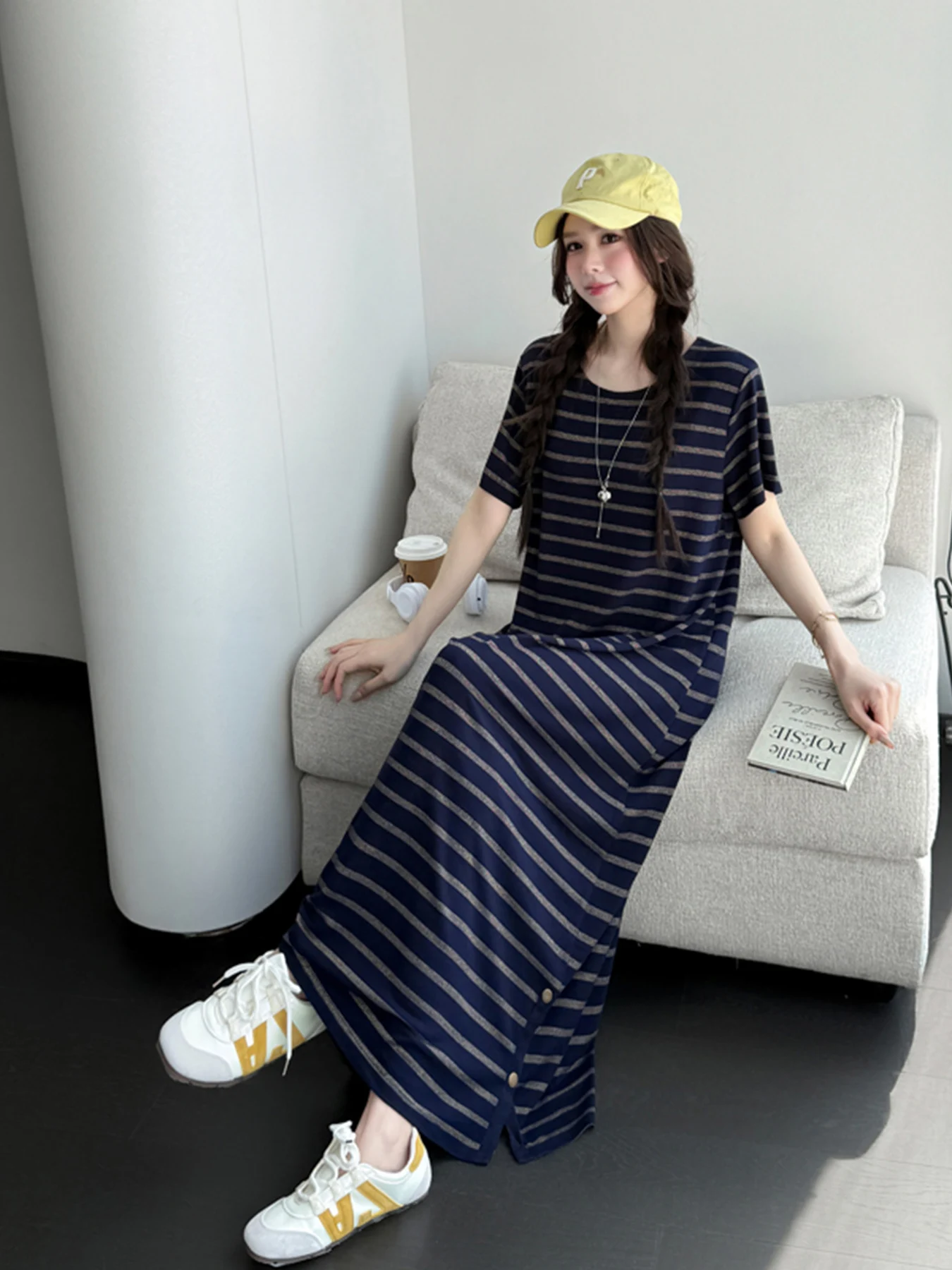 Loose Striped Long Ankle Dress T-Shirt Maternity Casual High Waist plus Size Women's Dress Casual Straight Tube Dress