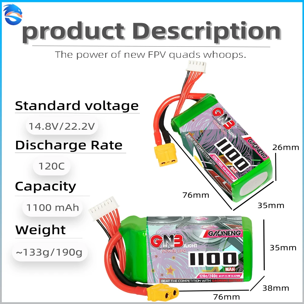 Gaoneng GNB 14.8v/22.2V 1100mAh 1300mAh 4/6S LiHV Lipo Battery 120C XT60 for FPV Racing Drone Mini RC Car Airplane Helicopter