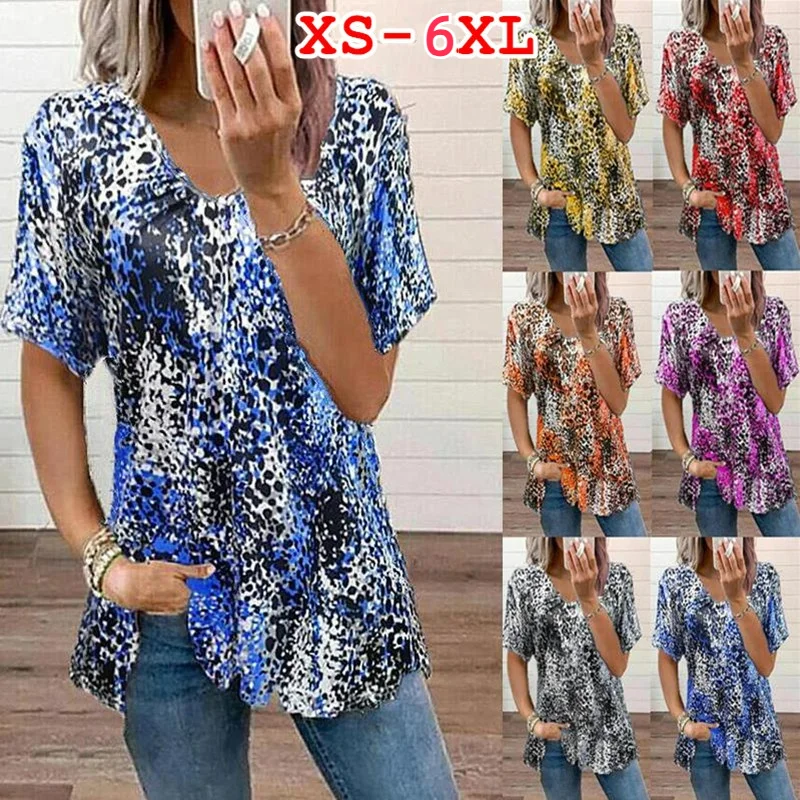 Women's Summer Fashion Blouse Digital Print Leopard Print Blouse Chest Pleated V Neck Short Sleeve Casual T-shirt