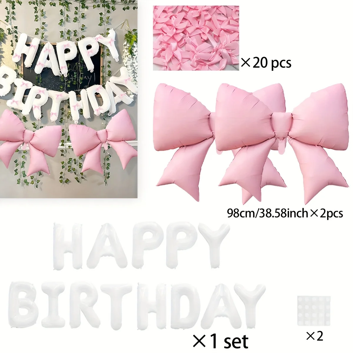 Weißes Happy Birthday Banner, Ballon und Hellrosa Schleifenballon mit Rosa Schleifenband, Geburtstagsparty-Dekoration – Detail 2