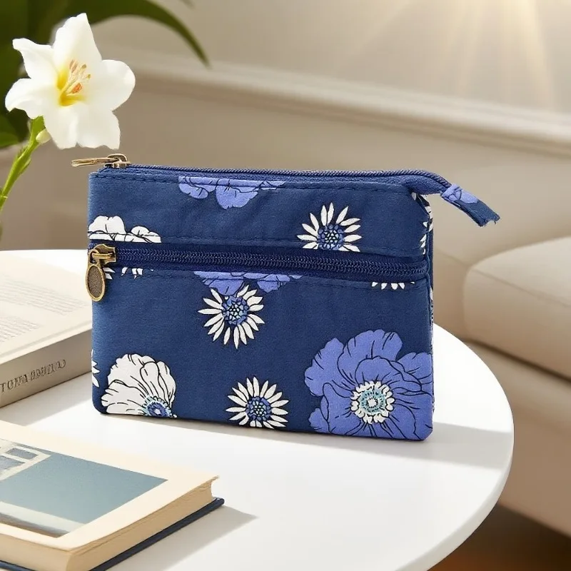 Cottagecore الأزهار محفظة نسائية للعملات المعدنية 4-Layer القطن المحفظة سحابات متعددة جيب المنظم للنقود/بطاقات/الهوية خمر نمط الفتيات الحقيبة