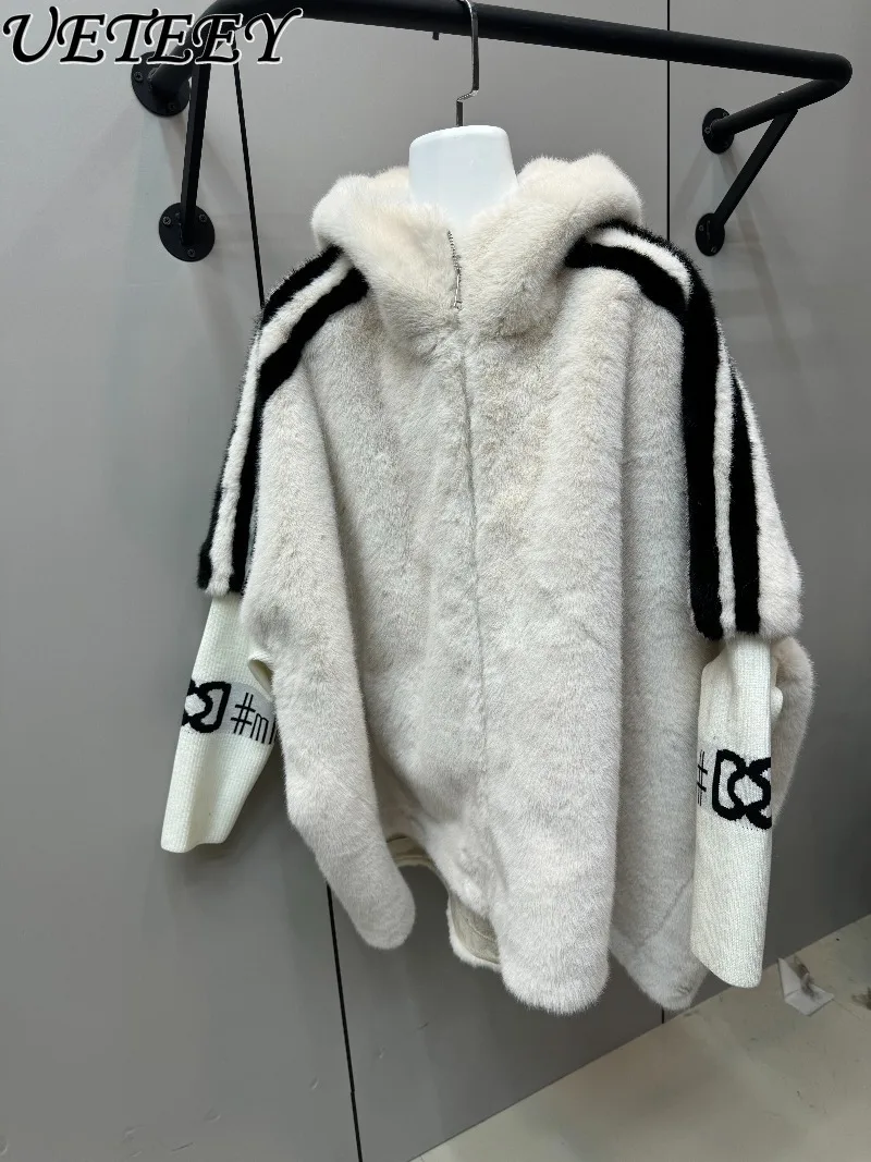 معطف شتوي جديد سميك من الفرو الصناعي بأكمام محبوكة وقلنسوة ملونة فضفاضة على الطراز الكوري معطف بسحاب متعدد الاستخدامات