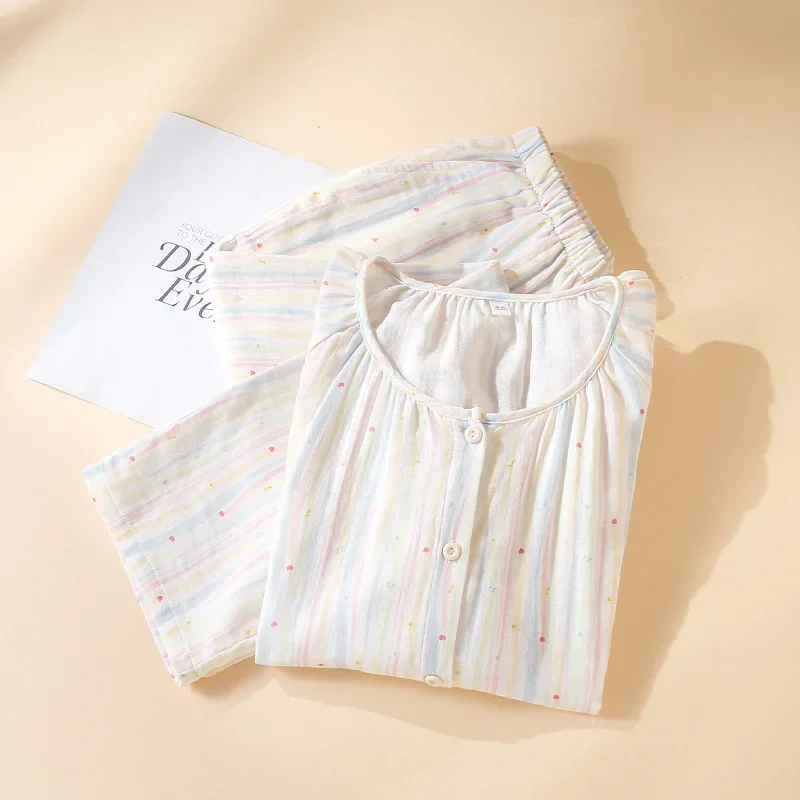 

2025 Japanese New Women's Spring/Summer Pajama Set 100% Cotton Gauze Thin Long Sleeve Two Piece Home Clothes Cardigan Set