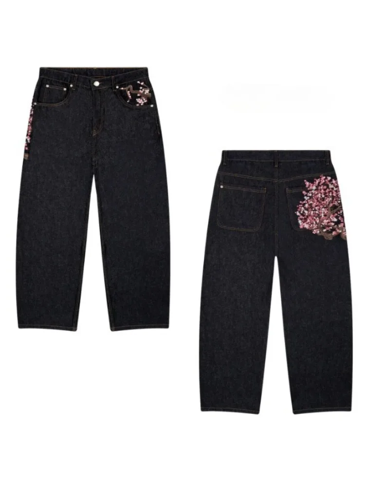 

HOUZHOU Y2k Vintage Plum Blossom Embroidery Women Jeans Harajuku Wide Leg American Style Denim Pants Baggy Hip Hop Streetwear