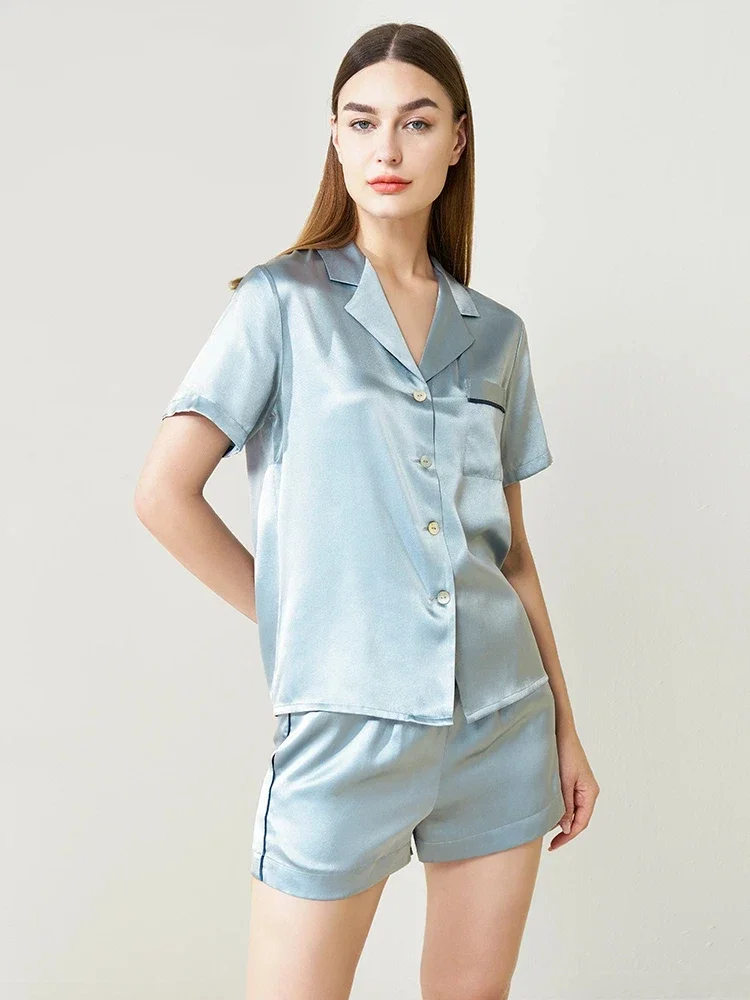 

19MM Real Mulberry Silk Short Sleeve and Shorts Pijama 2pcs Set Button Down Lapel Cardigan Nightwear Pajamas Summer Loungewear