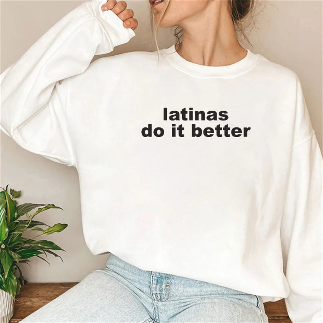 Latinas Do It Better Top Male Men's Autumn Winter Basic Crewneck Sweatshirt Solid Color Loose Fit Soft Oversized Pullover