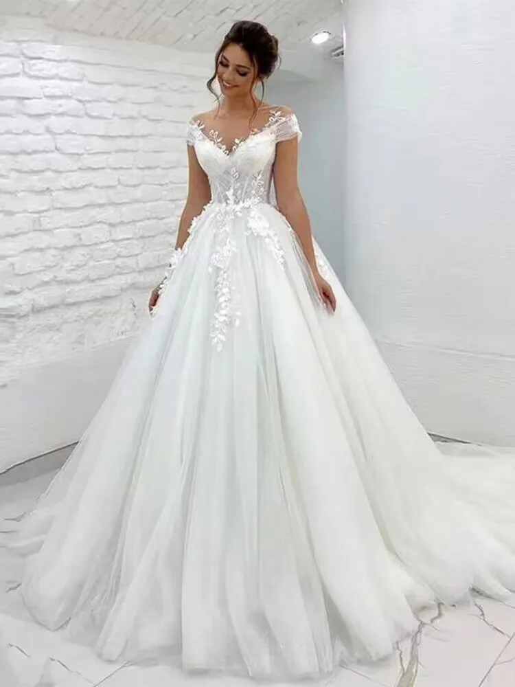 

Elegant Women Wedding Dresses Appliques Tulle Court Train Bridal Gowns Formal Occasion Vestido De Noiva robe de mariée