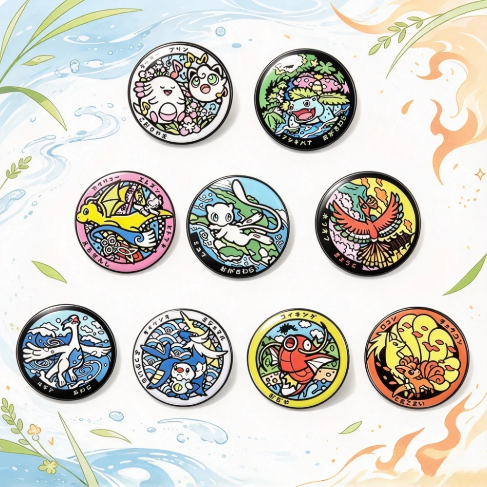 9Pcs Round Enamel Pins with Cute Monster Illustrations, Vintage Japanese Comic Metal Brooches for Bag & Clothes Decor
