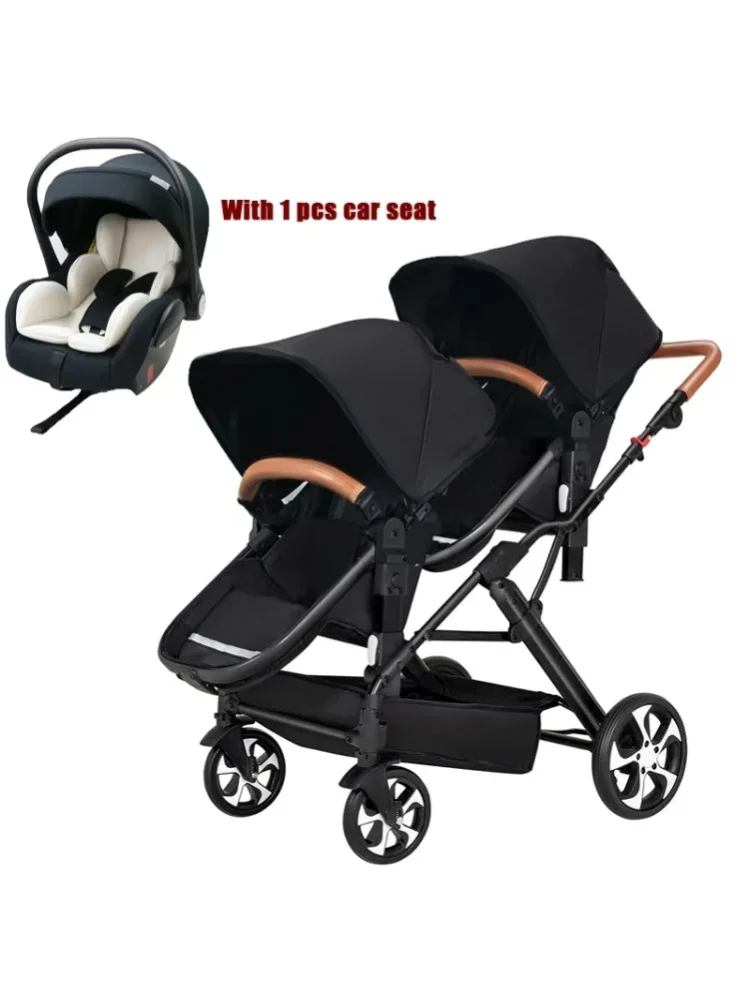Tragbarer Klappbarer Zwillingskinderwagen, Doppelsitz-Kinderwagen mit Autositz, Luxus-Kinderwagen, Inklusive Zubehör wie Regenschutz und Moskitonetz