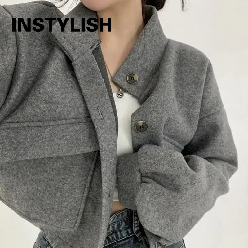 Women Y2K Cropped Jacket Stand Collar Cargo Pocket Long Sleeve Loose Oversized Short Coat Ladies Autumn Streetwear Outerwear