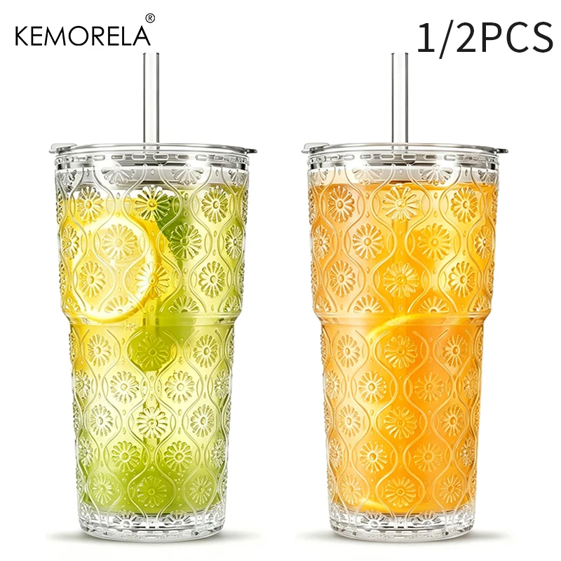 1/2PCS Begonia Flower Pattern Glass Coffee Cup 590ML with Lid And Set of 2 Glass Straws for Iced Drinks Milk Smoothies And Water